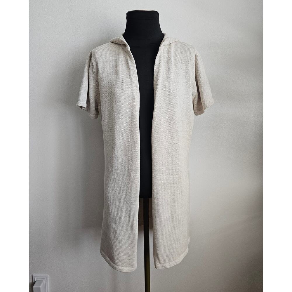 EUC Purejill Cotton Essential Cream Open Front S/S Hooded Cardigan Sweater L